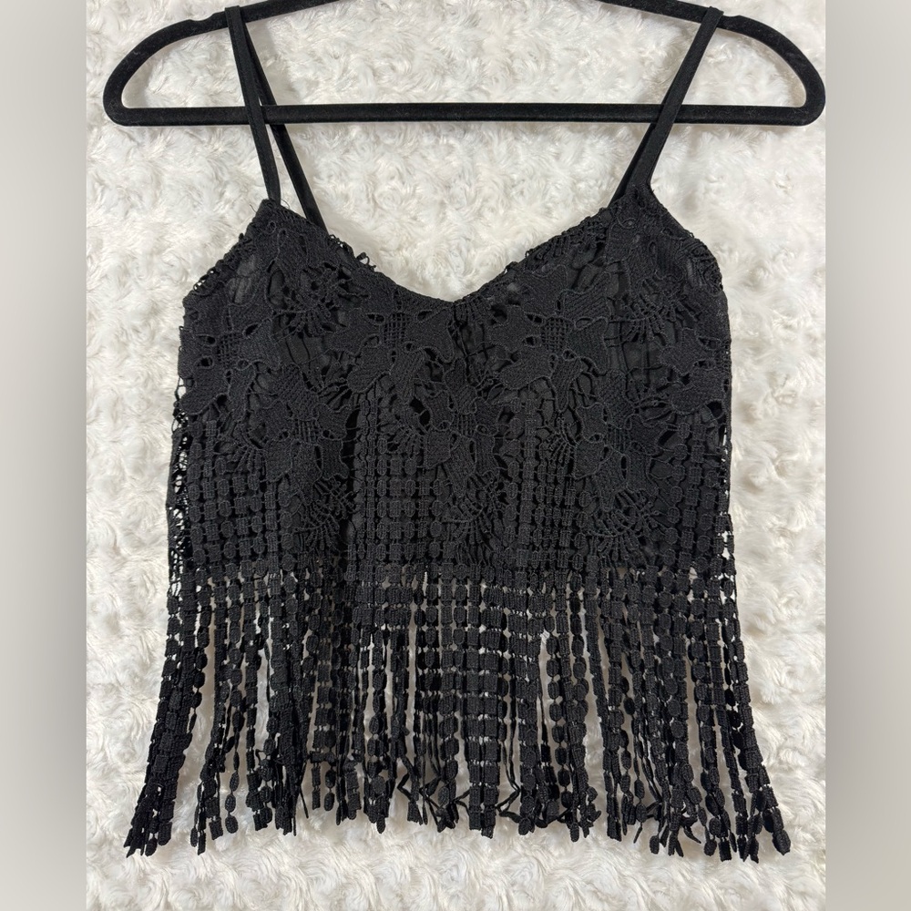 Charlotte Russe Women’s Black Lace Fringe Lined Crop Camisole